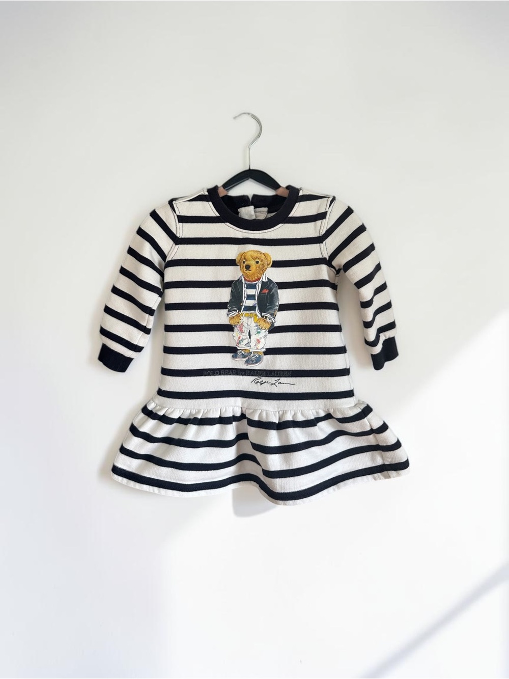 Baby Ralph Lauren, Polo Bear Fleece Dress - Navy & White Stripes, 6 Months